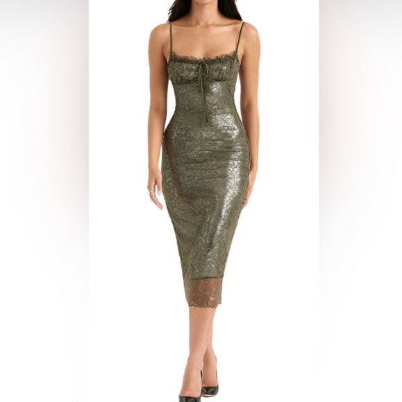 House of CB Isla Olive Metallic Lace Midi Dress Size L+ (XL) BNWT - Picture 5 of 9